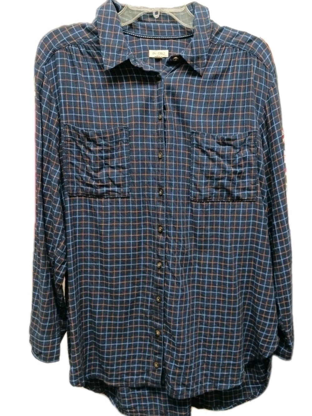 Anthropologie Pilcro Navy Plaid Button-Down Shirt with Red Grid XL Womens